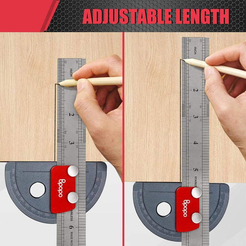 BPOPO Upgrade Stainless Steel Angle Protractor– Precision 0°-180°Angle Finder for Marking Angle,Straight Line Scribe, Woodworking Angle Measuring Tools, Ruler Included - Image 2